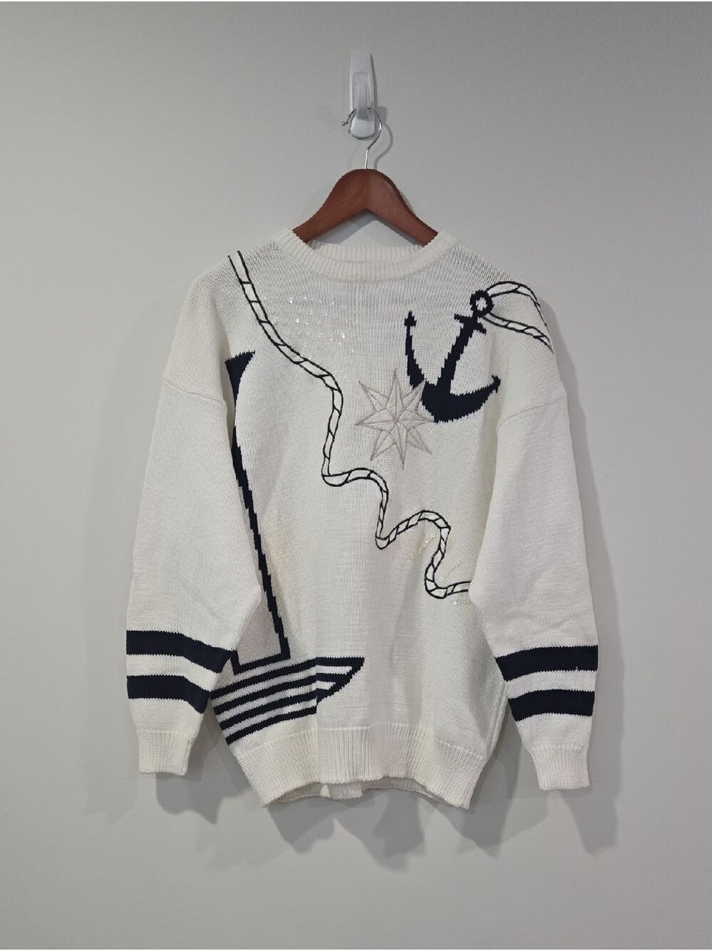 Vintage/Retro 80's Nautical Anchor Knit Cotton Sequined And EmbroideredSweater